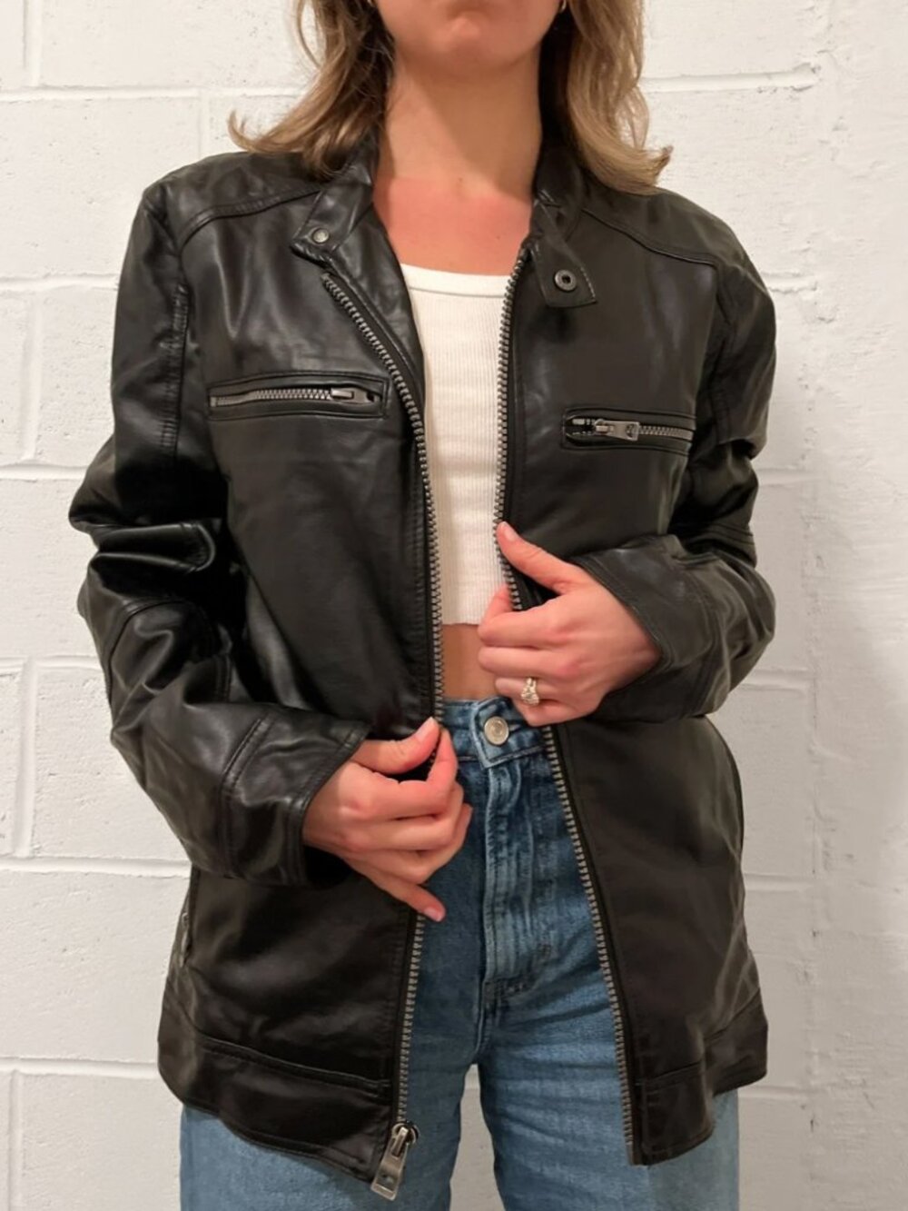 GUESS Black Faux Leather Moto Jacket Y2K Minimalist Biker Zip Up